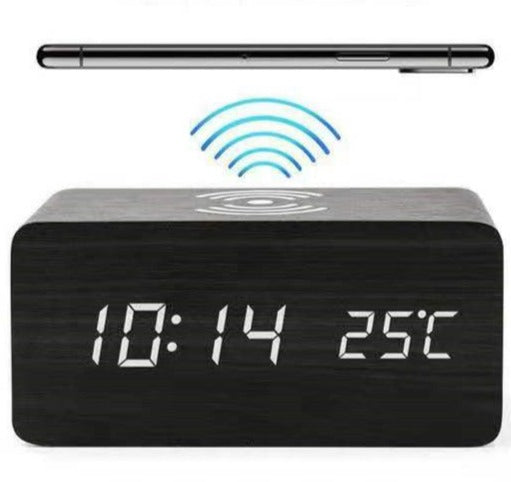 LED Wooden Digital Alarm Clock With Wireless Charging