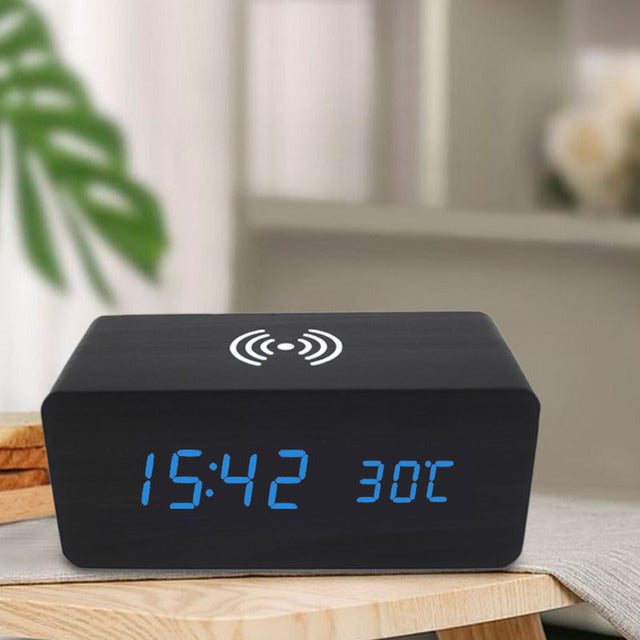 LED Wooden Digital Alarm Clock With Wireless Charging