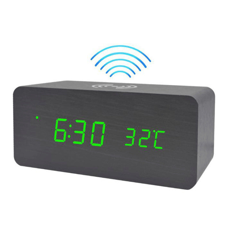 LED Wooden Digital Alarm Clock With Wireless Charging