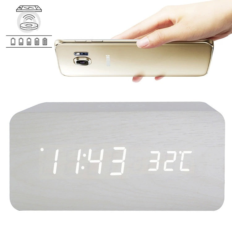 LED Wooden Digital Alarm Clock With Wireless Charging