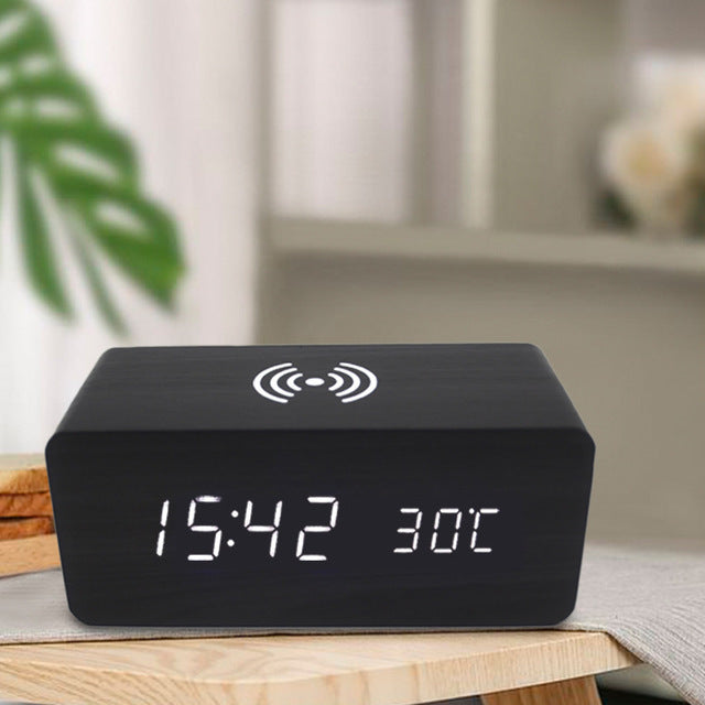 LED Wooden Digital Alarm Clock With Wireless Charging