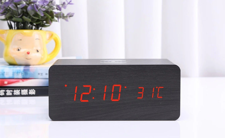 LED Wooden Digital Alarm Clock With Wireless Charging