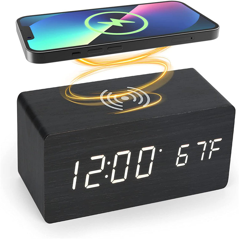 LED Wooden Digital Alarm Clock With Wireless Charging